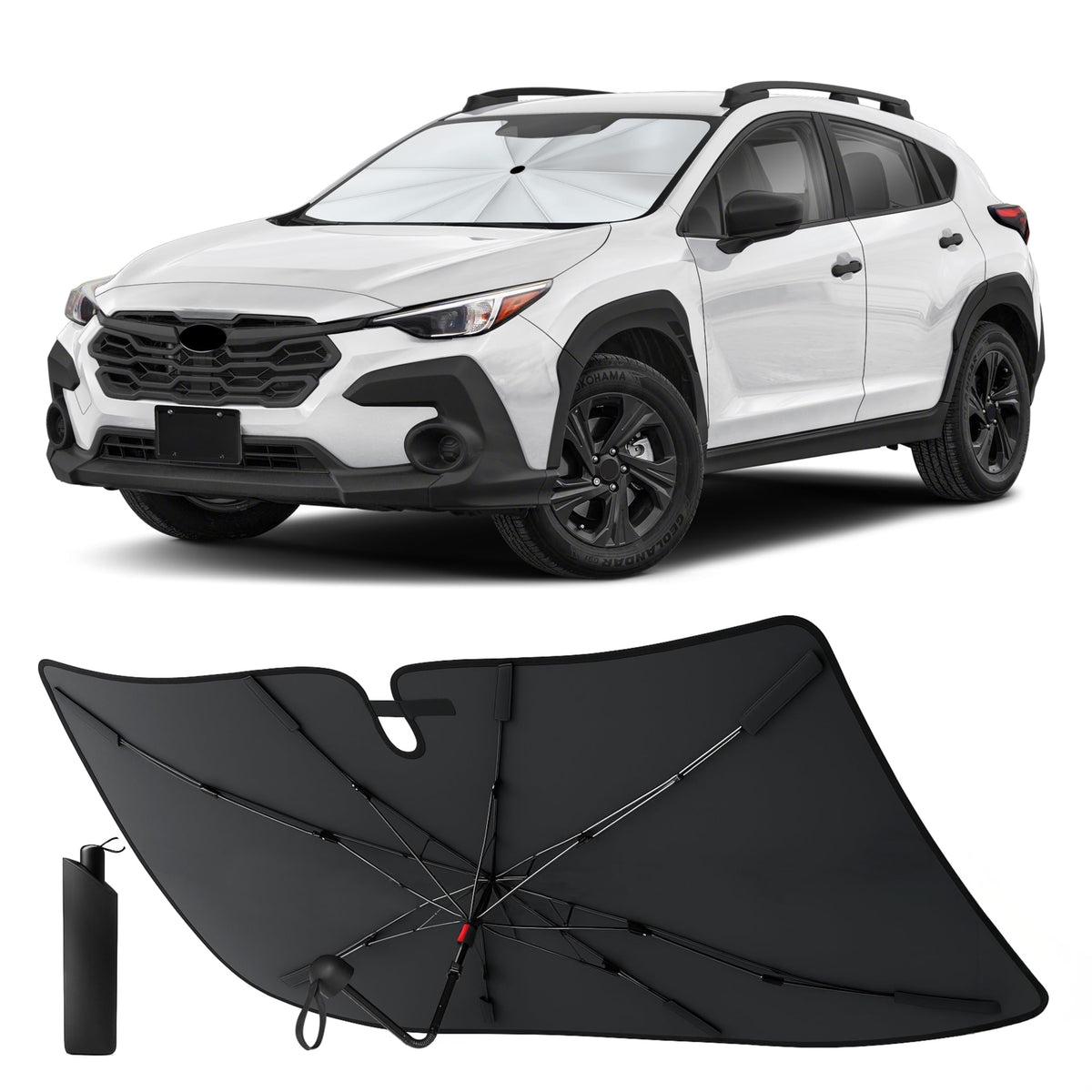 EcoNour front view showing fit on Subaru Crosstrek windshield and full coverage benefit