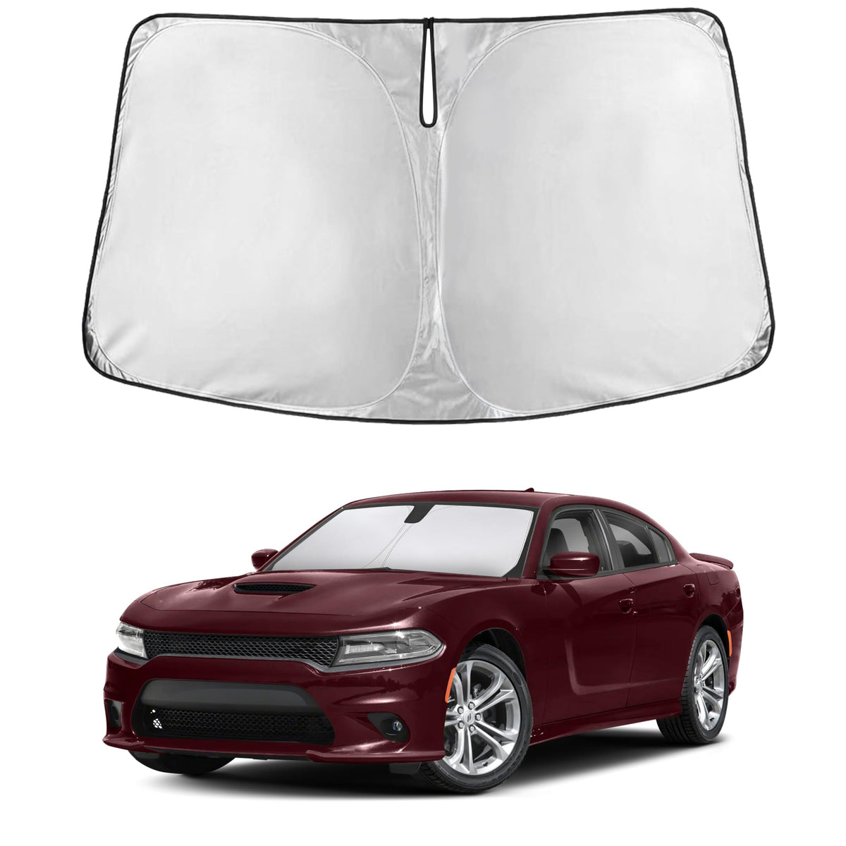 EcoNour front packaging for Dodge Charger sunshade showing full coverage benefit