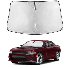 EcoNour front packaging for Dodge Charger sunshade showing full coverage benefit