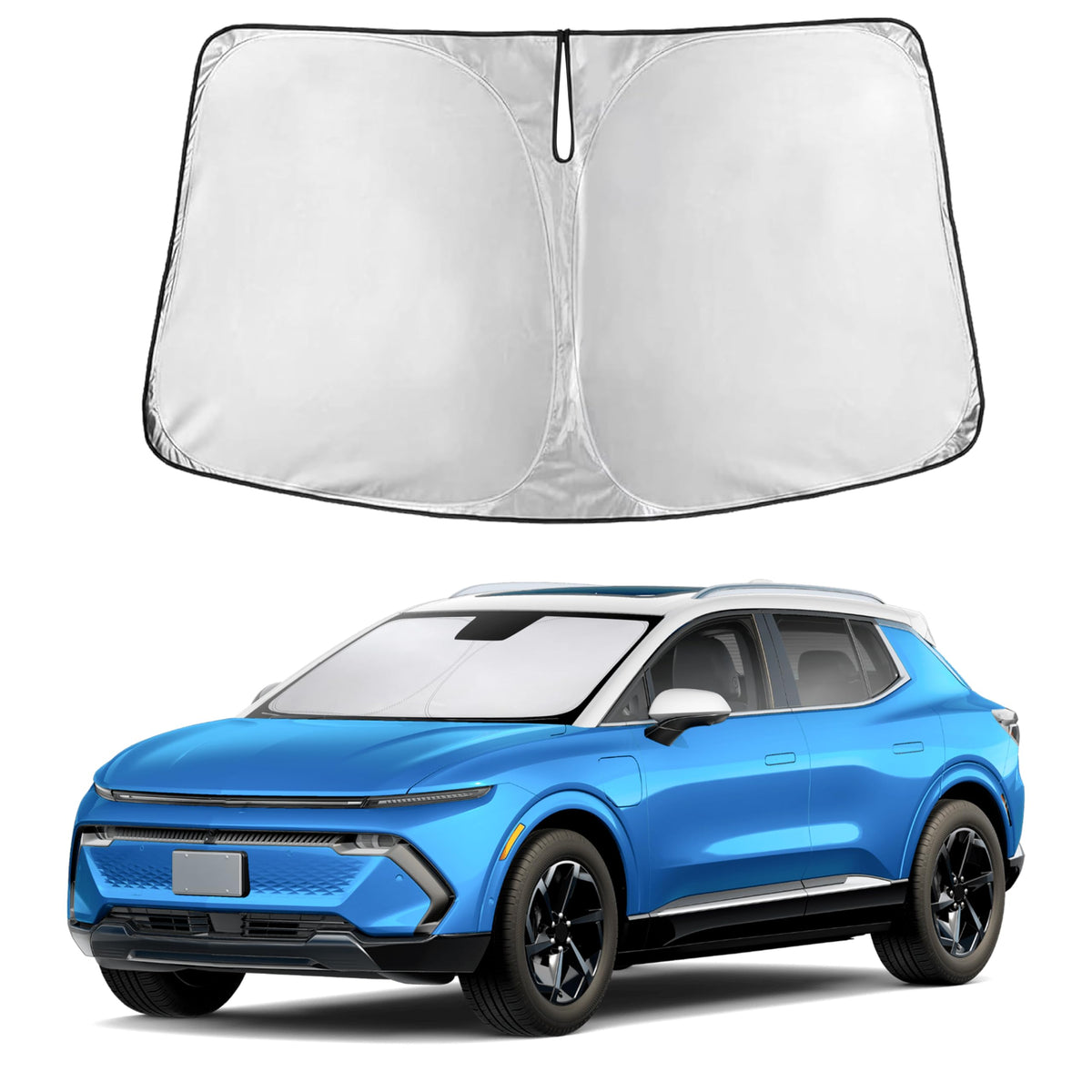 EcoNour front view sunshade showing full windshield coverage for Equinox EV and protection benefit