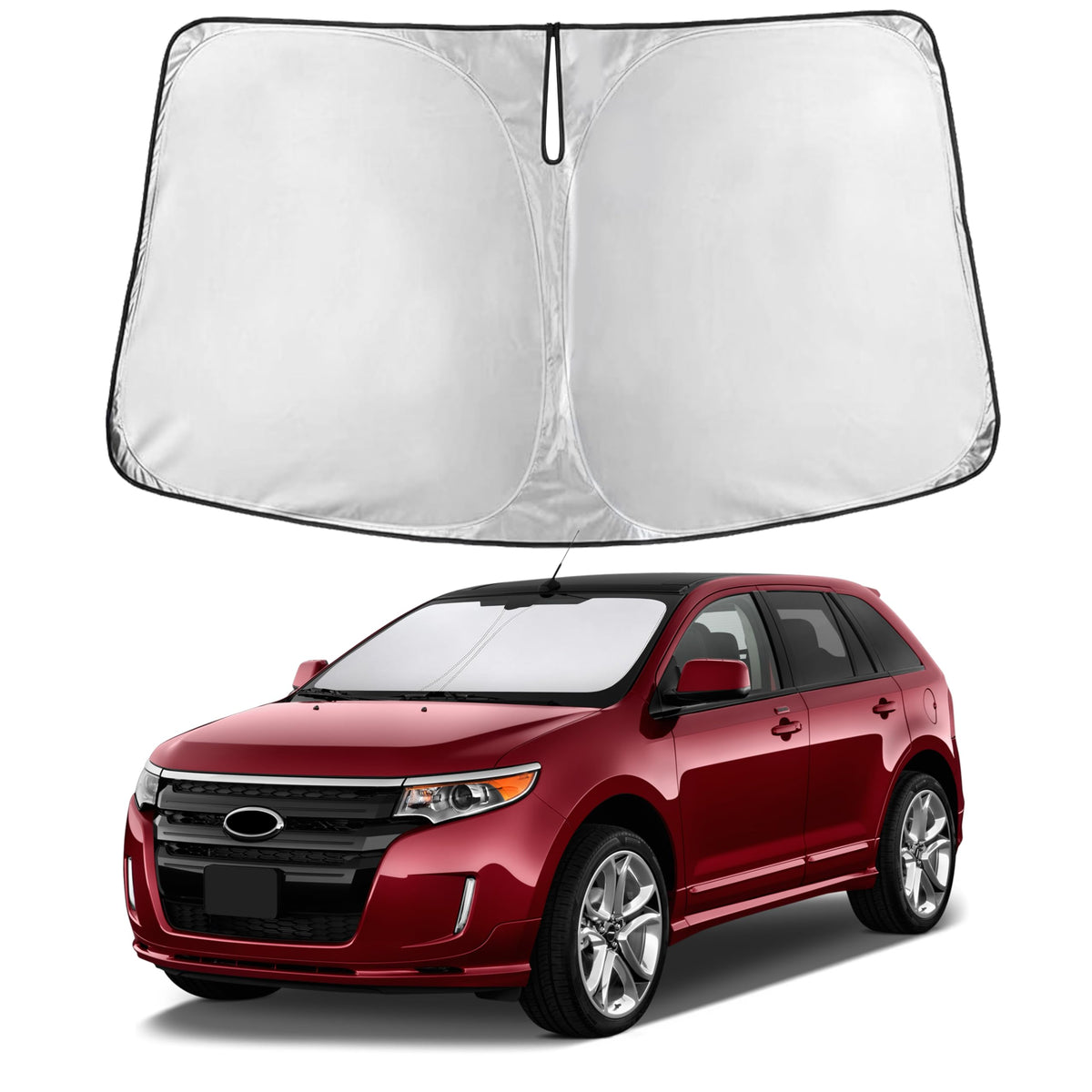 EcoNour front view of packaged Ford Edge sunshade showing fit benefits