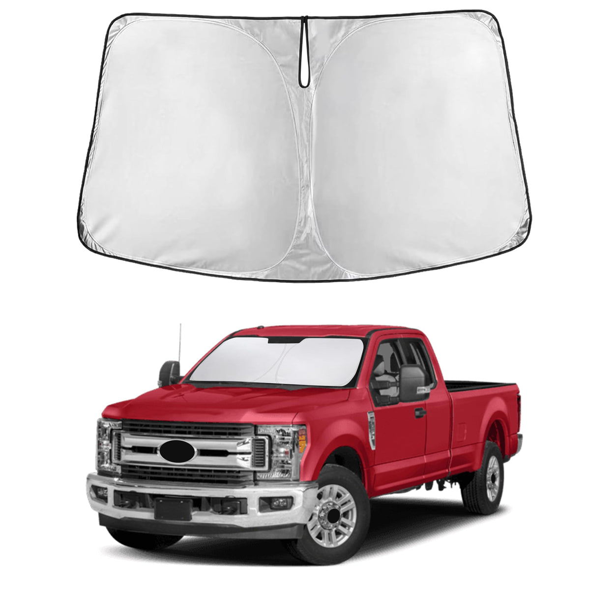 EcoNour front view of sunshade showing full windshield coverage and precise fit