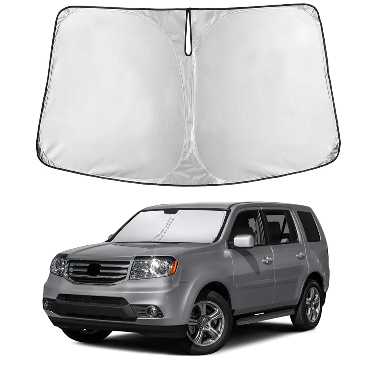 EcoNour front view of sunshade fitted to windshield protecting interior from heat