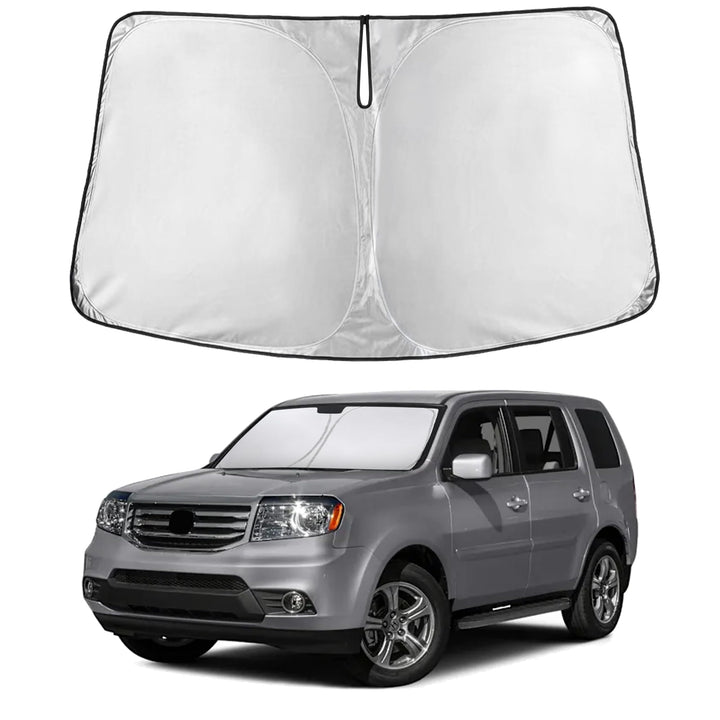 EcoNour front view of sunshade fitted to windshield protecting interior from heat