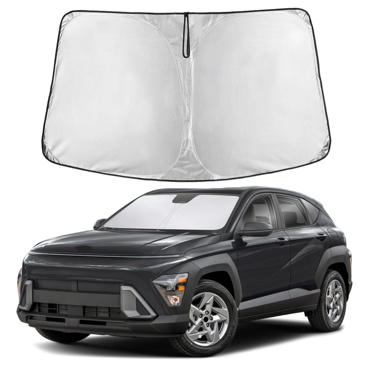 EcoNour front view of sunshade on Kona showing full windshield coverage and protection