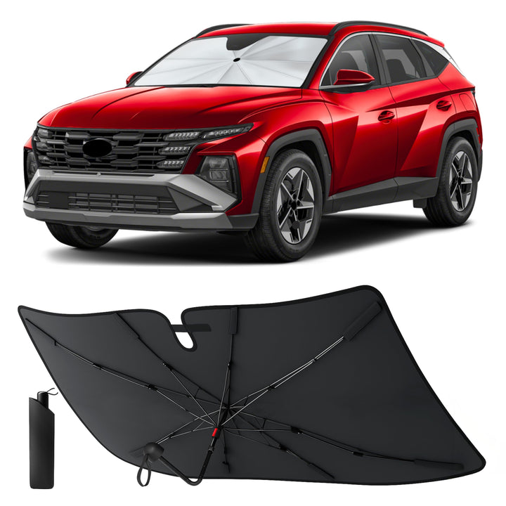 EcoNour front view of sunshade showing full windshield coverage and neat fit