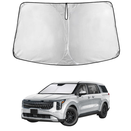 EcoNour front view showing fitted sunshade on Kia Carnival windshield protects interior