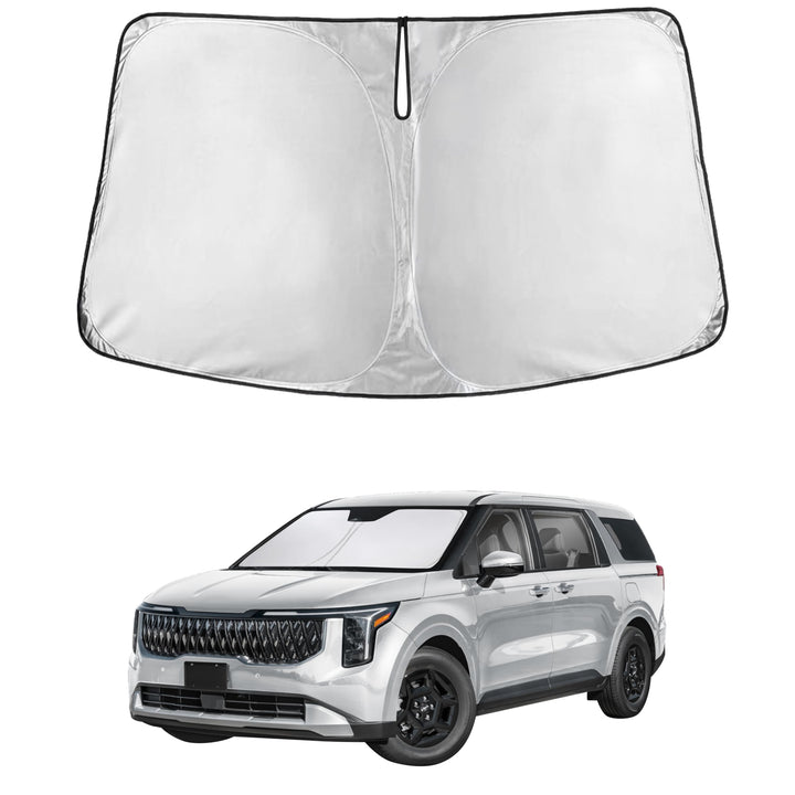 EcoNour front view showing fitted sunshade on Kia Carnival windshield protects interior