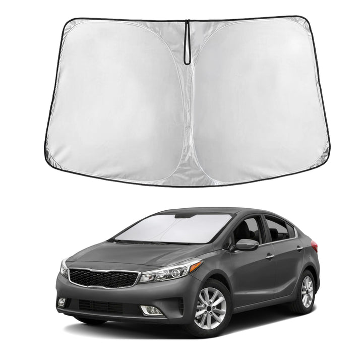 EcoNour front view of sunshade on Kia Forte showing full windshield coverage and protection
