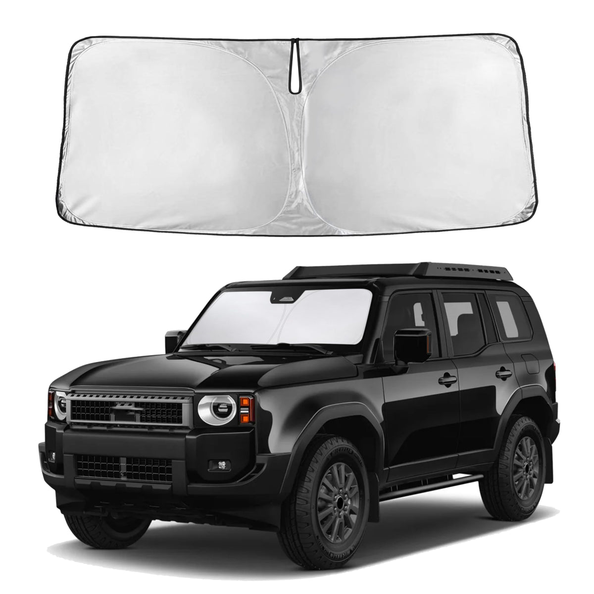 EcoNour front view of sunshade packaging showing full windshield fit benefit