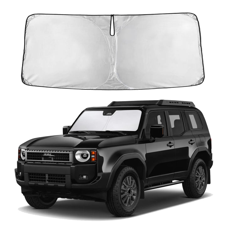 EcoNour front view of sunshade packaging showing full windshield fit benefit