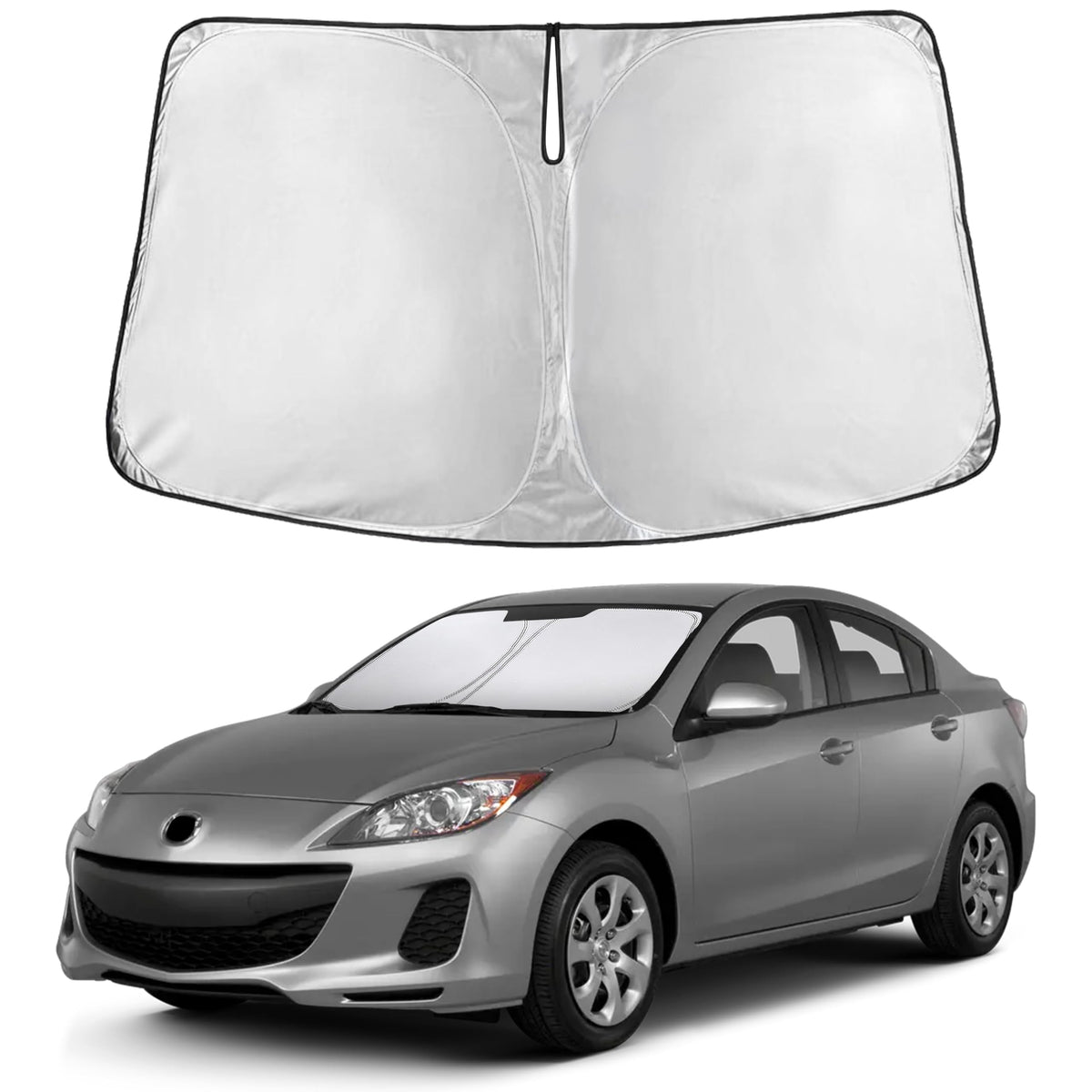 EcoNour front view of shade for Mazda 3 showing full windshield coverage benefit
