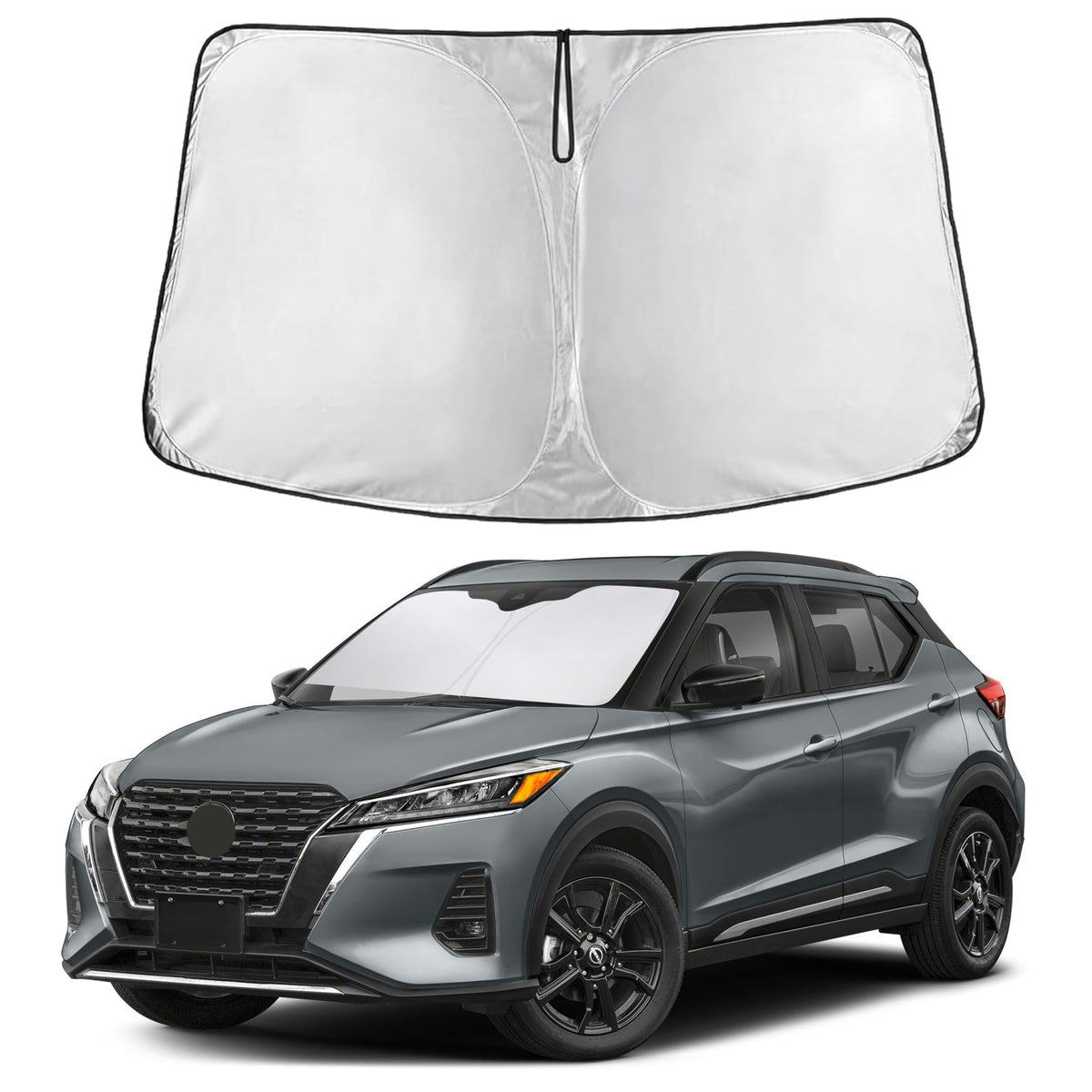 EcoNour front view sunshade fitted to Nissan Kicks windshield shows full coverage benefit