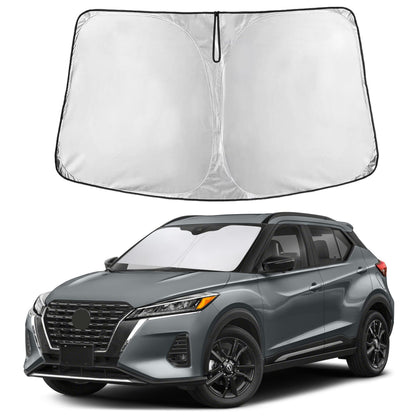 EcoNour front view sunshade fitted to Nissan Kicks windshield shows full coverage benefit