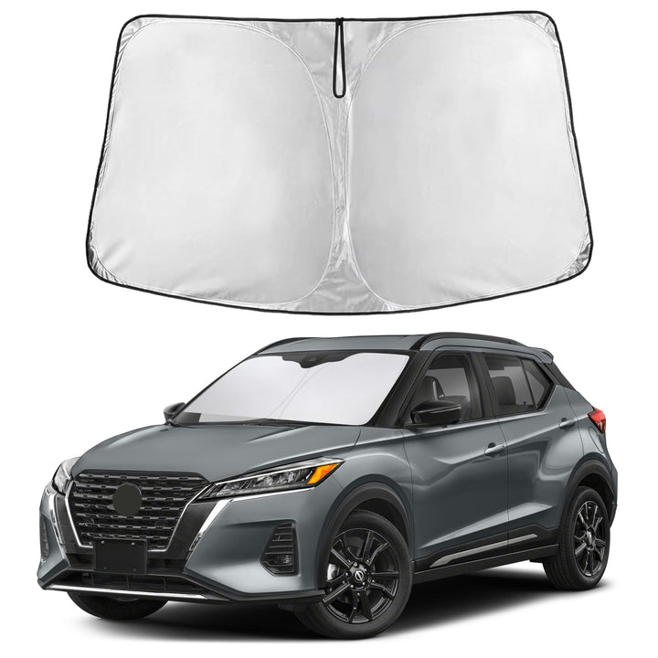 EcoNour front view sunshade fitted to Nissan Kicks windshield shows full coverage benefit