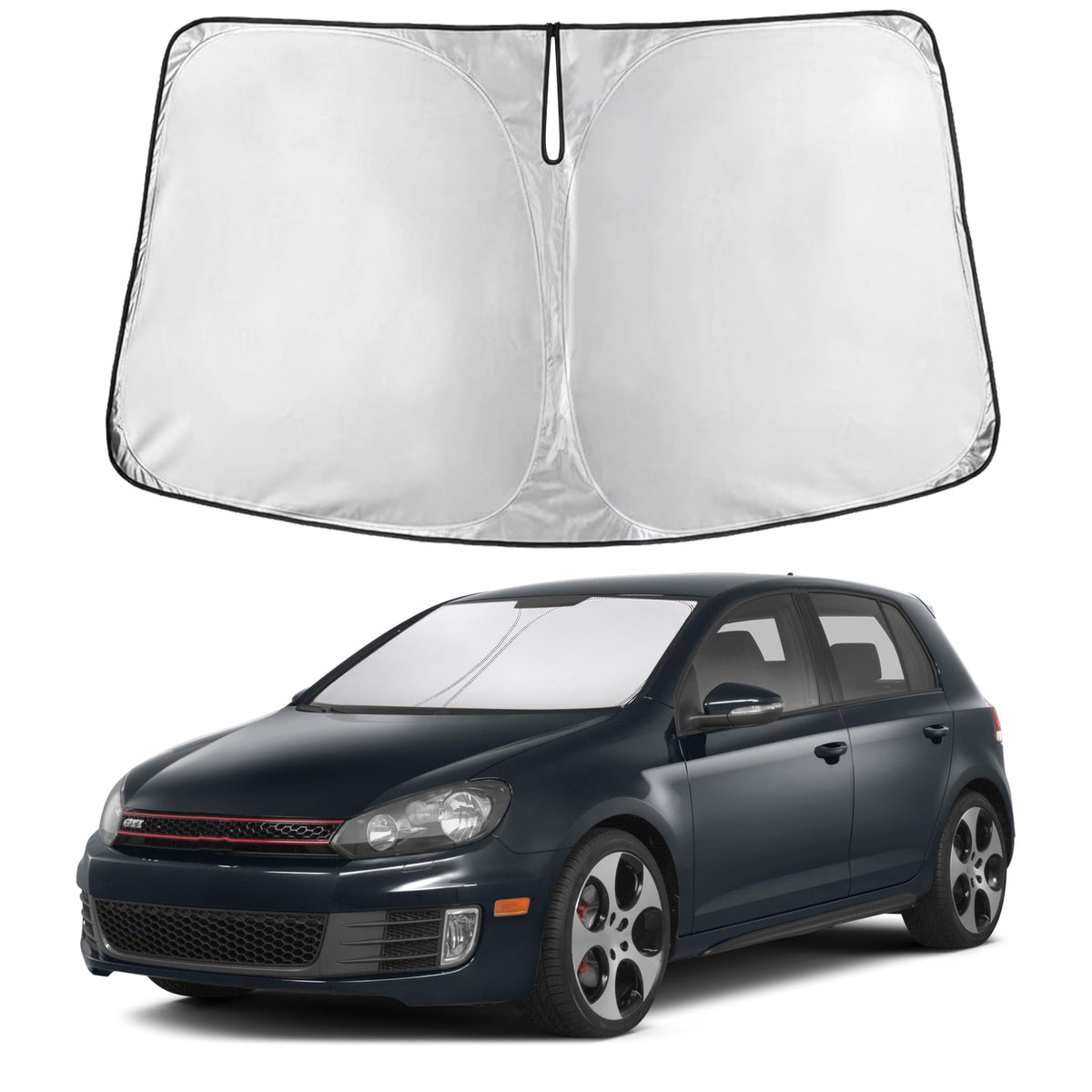 EcoNour front view of sunshade fitting VW MK6 windshield showing full coverage and protection