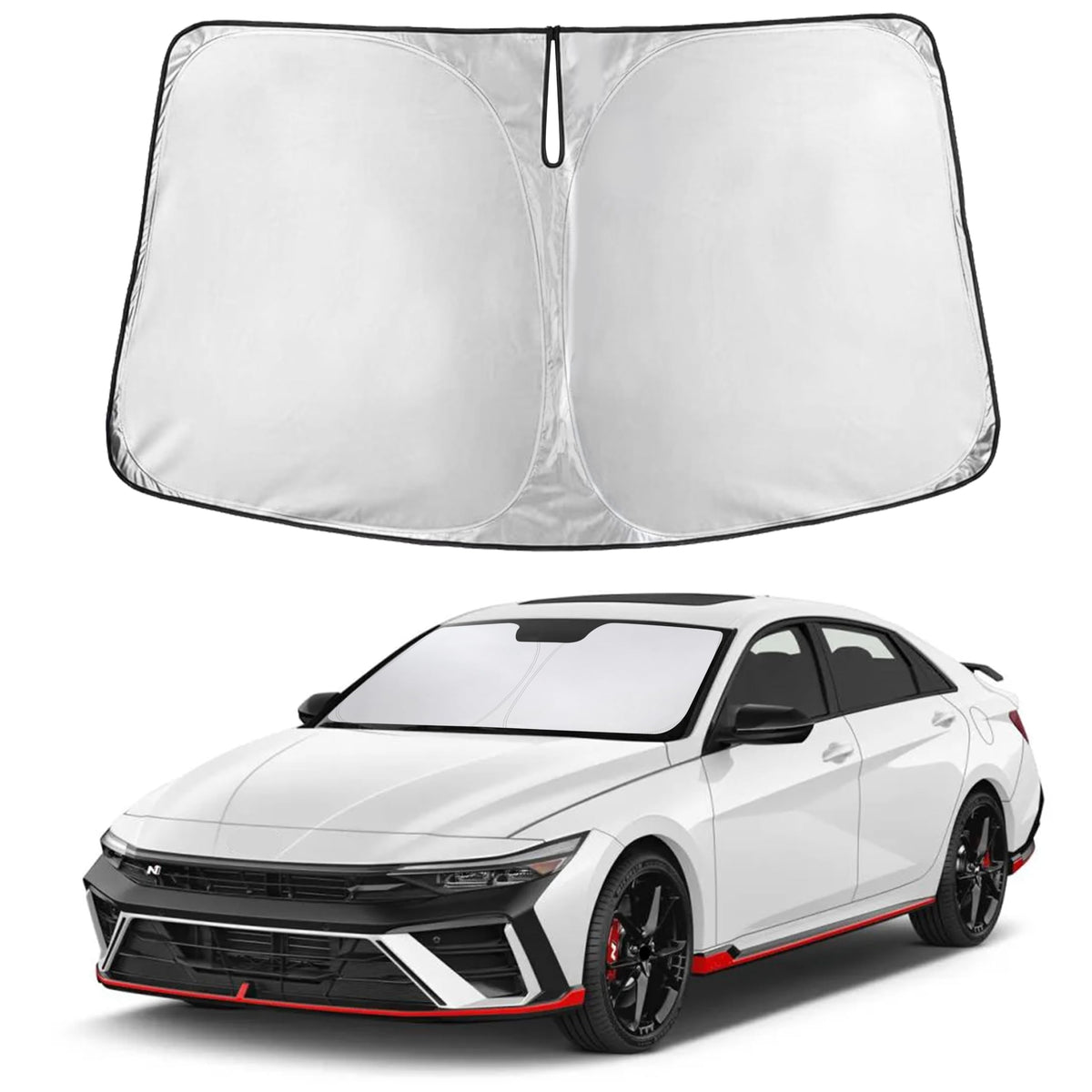 EcoNour front view sunshade installed in Elantra reduces glare and heat