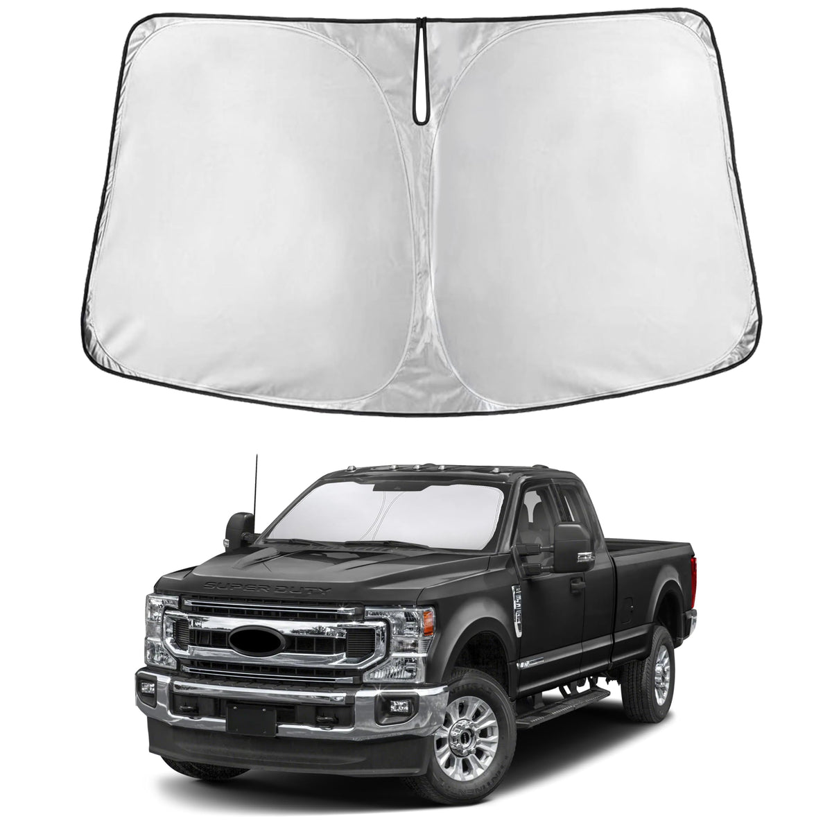 EcoNour full-coverage front view showing fit on Ford Super Duty windshield and cooling benefit