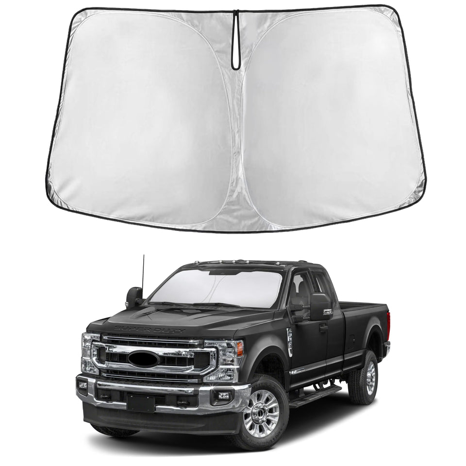 EcoNour full-coverage front view showing fit on Ford Super Duty windshield and cooling benefit