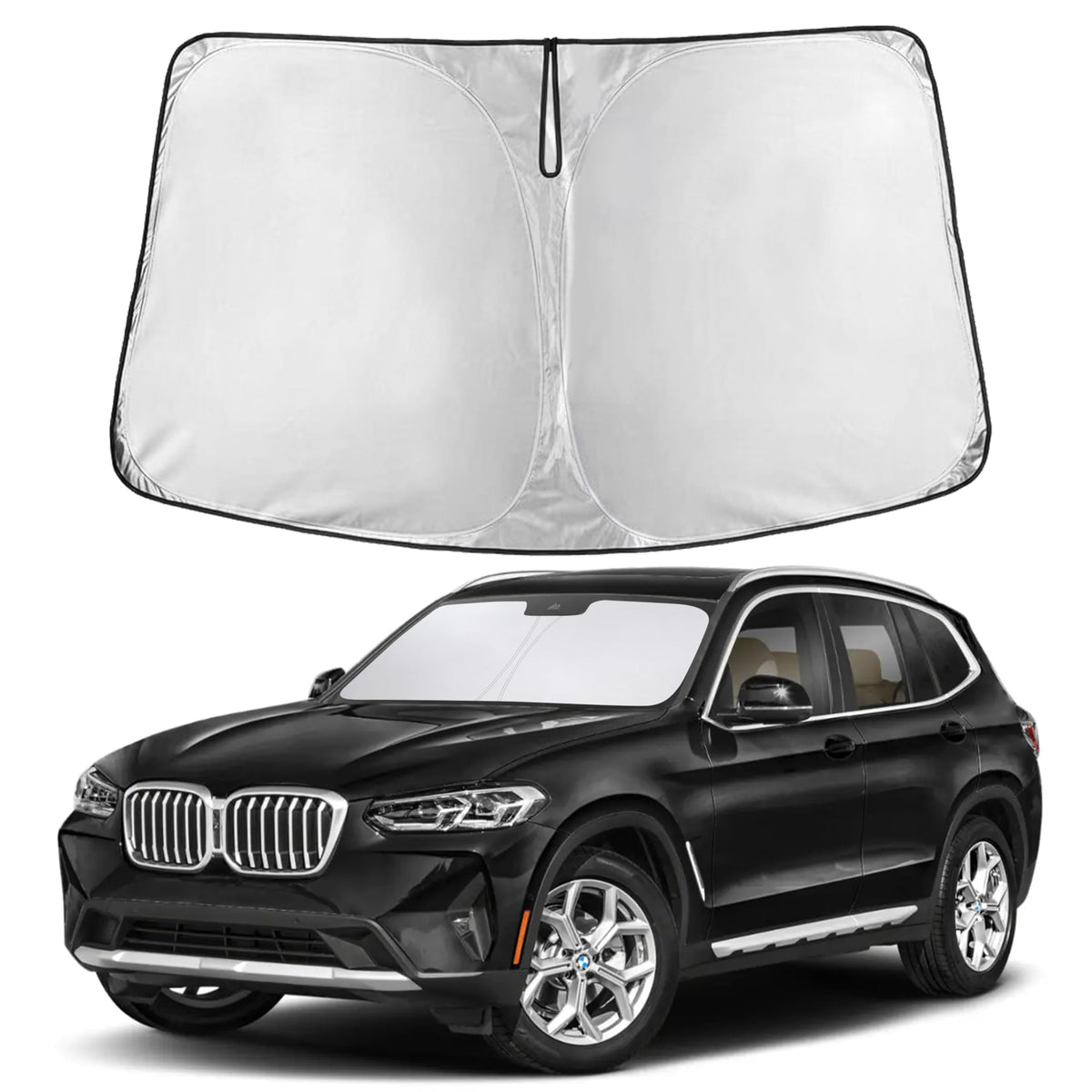 EcoNour front view installed on BMW X3 windshield showing full coverage benefit