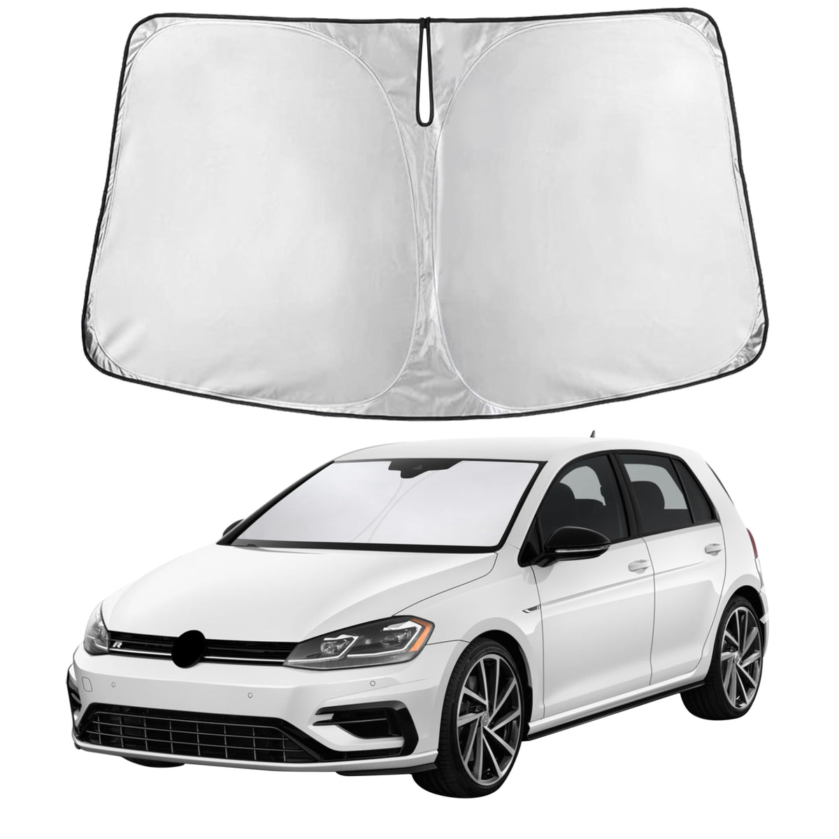 EcoNour front view sunshade fitted in VW Golf MK7 showing full windshield coverage