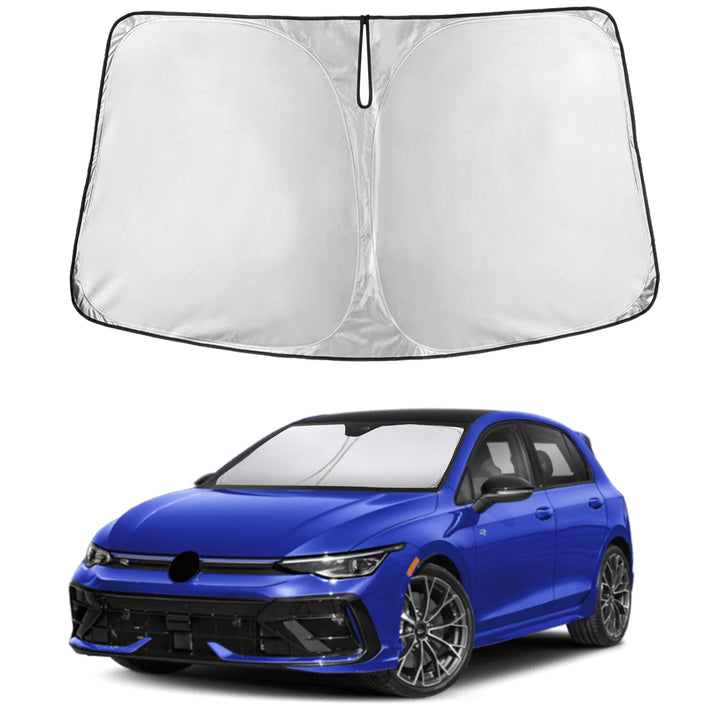 EcoNour front view sunshade fitted to VW Golf Mk8 windshield protecting interior