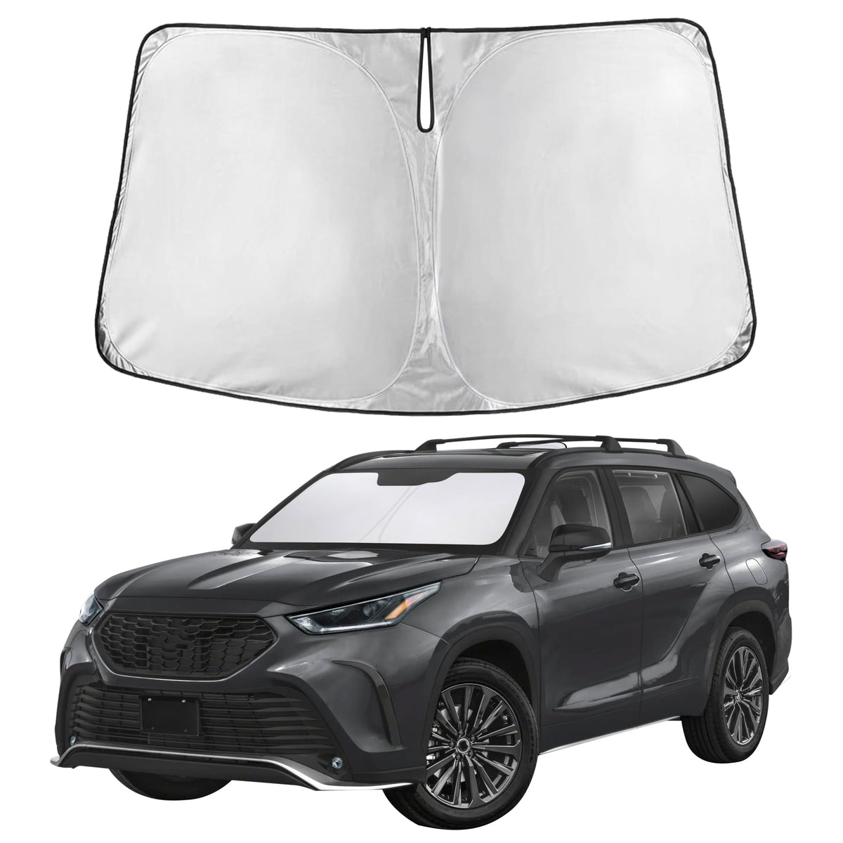 EcoNour front view full windshield coverage showing precise Highlander fit and sun protection