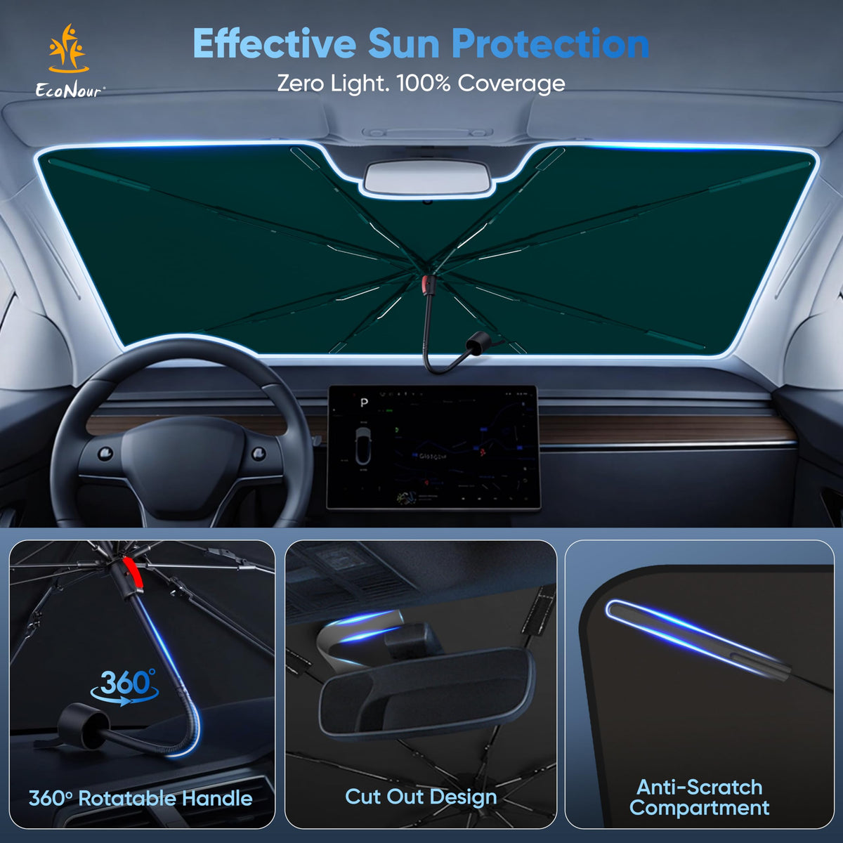 EcoNour installed on Tesla windshield demonstrating cooler parked cabin