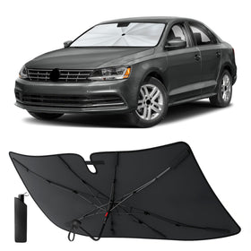 EcoNour front view of sun shade installed on Jetta showing full windshield coverage and heat reduction