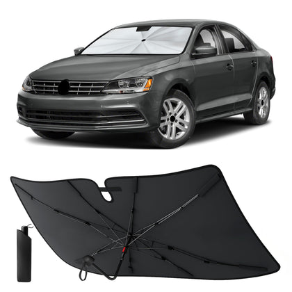 EcoNour front view of sun shade installed on Jetta showing full windshield coverage and heat reduction