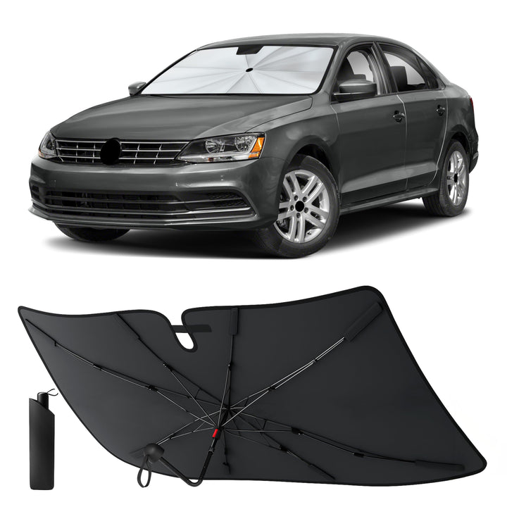 EcoNour front view of sun shade installed on Jetta showing full windshield coverage and heat reduction