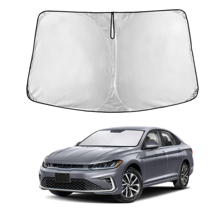 EcoNour front view showing full Jetta windshield coverage and fast installation benefit