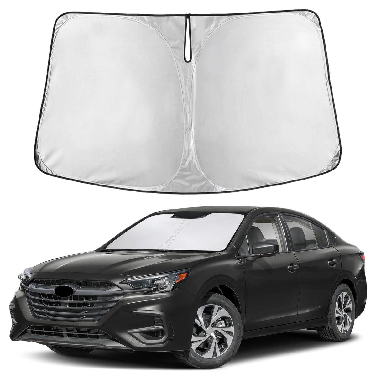 EcoNour sunshade front view showing full windshield coverage and precise fit for Subaru Legacy