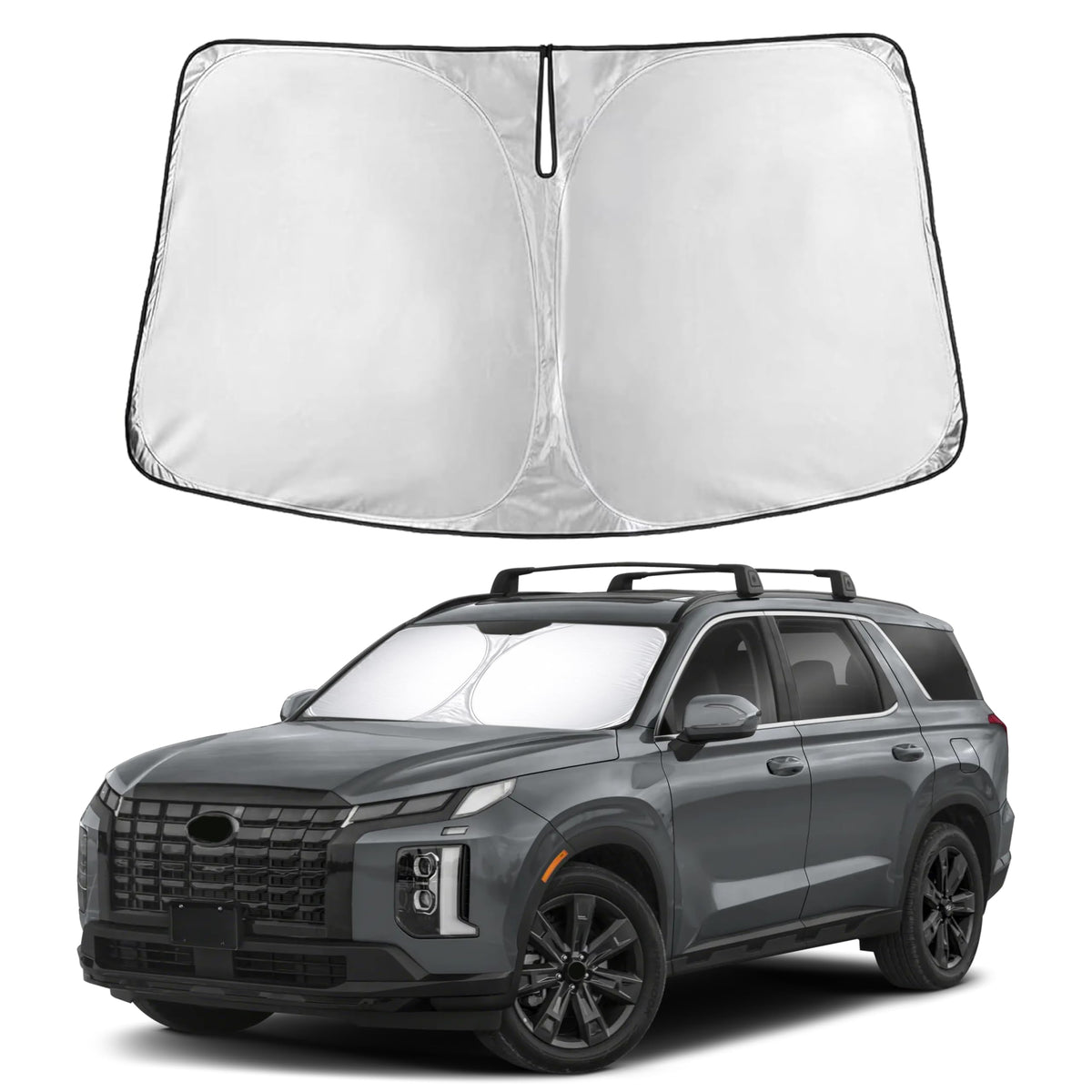 EcoNour sunshade front view showing full Palisade windshield coverage and instant cooling benefit