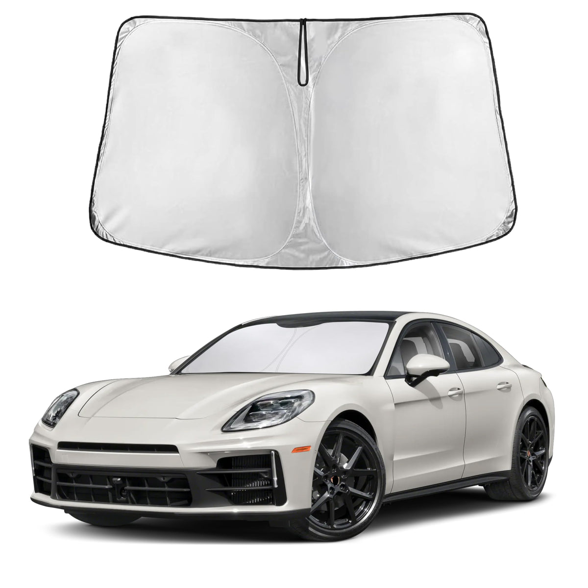 EcoNour front view of sunshade on Porsche Panamera showing full windshield coverage and protection