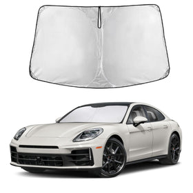 EcoNour front view of sunshade on Porsche Panamera showing full windshield coverage and protection
