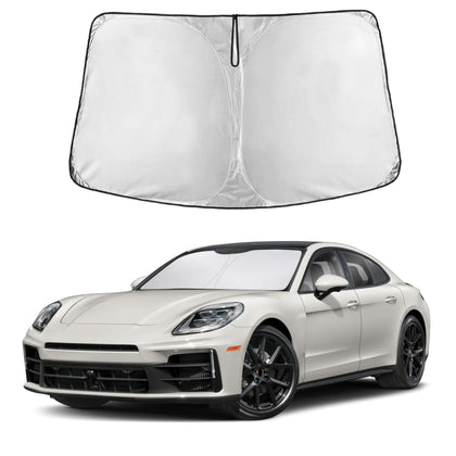 EcoNour front view of sunshade on Porsche Panamera showing full windshield coverage and protection