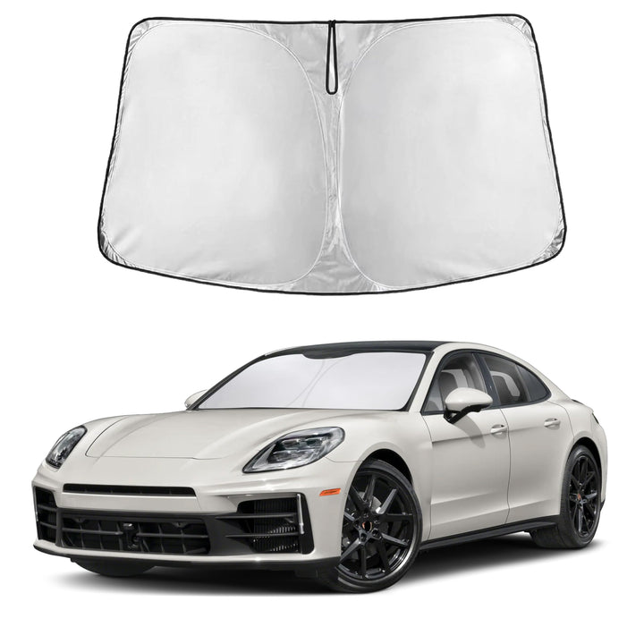 EcoNour front view of sunshade on Porsche Panamera showing full windshield coverage and protection