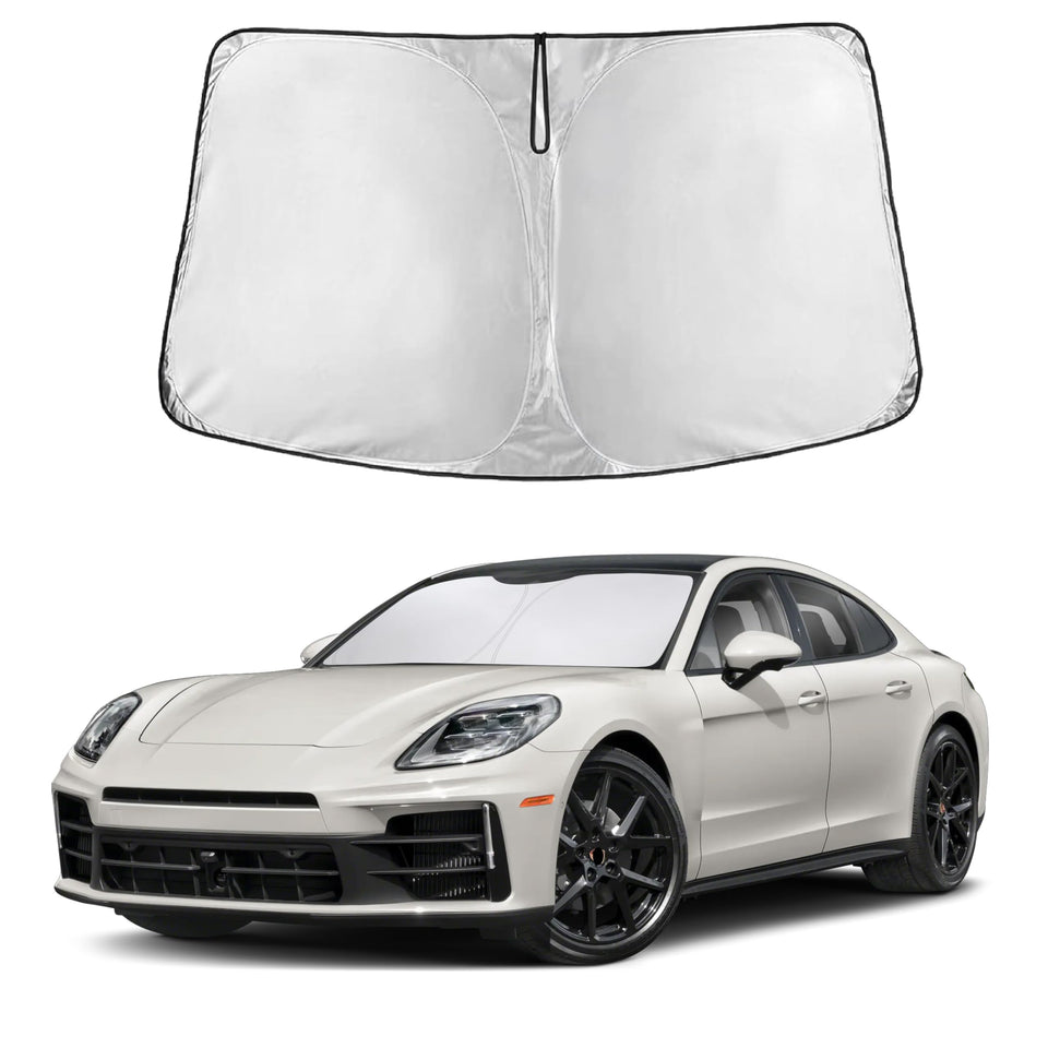 EcoNour front view of sunshade on Porsche Panamera showing full windshield coverage and protection
