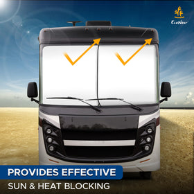 EcoNour two-piece panels installed on an RV front windshield demonstrating easy fit