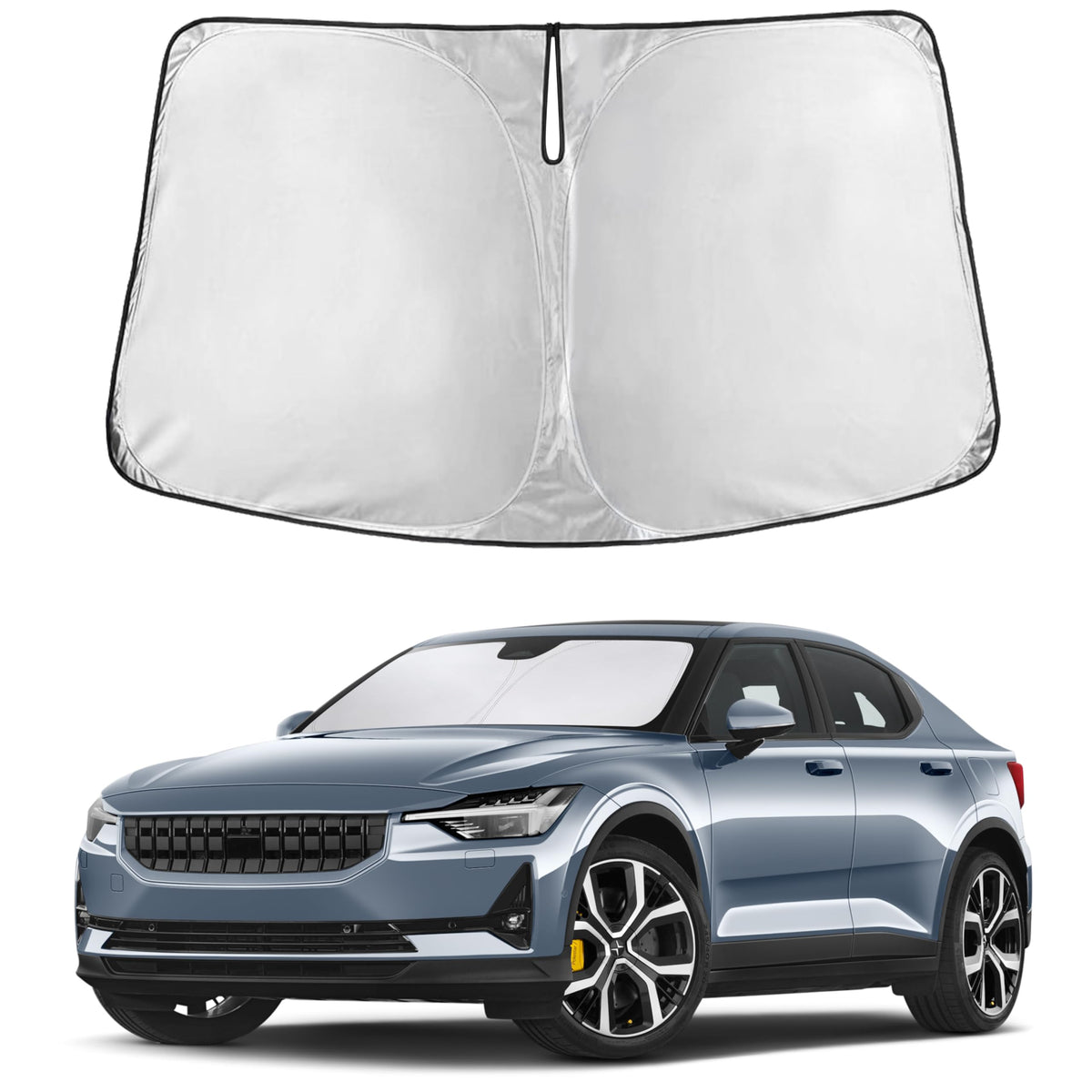 EcoNour sunshade front view showing full windshield coverage and neat fit for Polestar 2