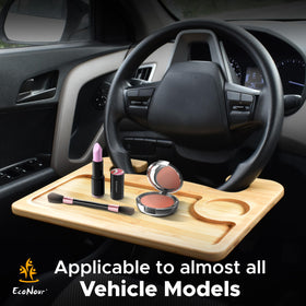 EcoNour tray in parked car with meal, creating a tidy on-the-go dining spot