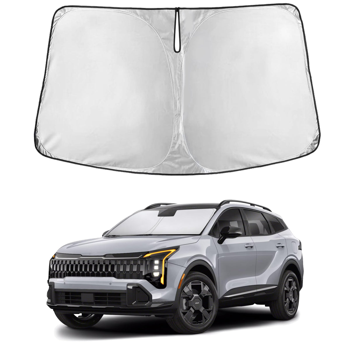 EcoNour sunshade front fit on Kia Sportage NQ5 showing full windshield coverage and protection