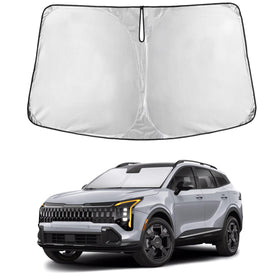 EcoNour sunshade front fit on Kia Sportage NQ5 showing full windshield coverage and protection