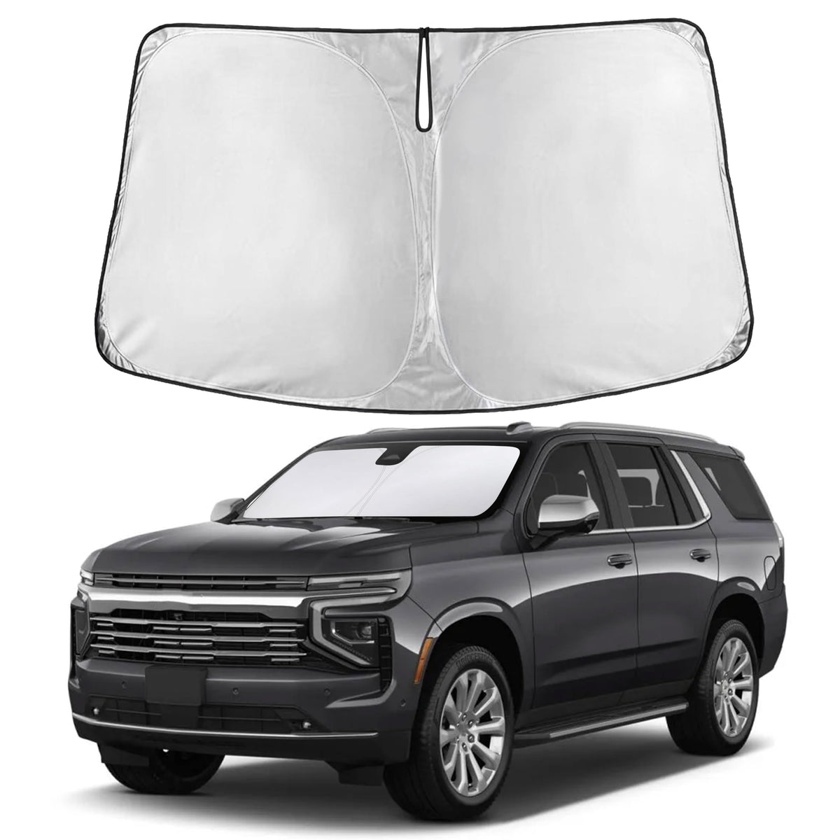 EcoNour front view sunshade fitted in Tahoe windshield showing full coverage and protection