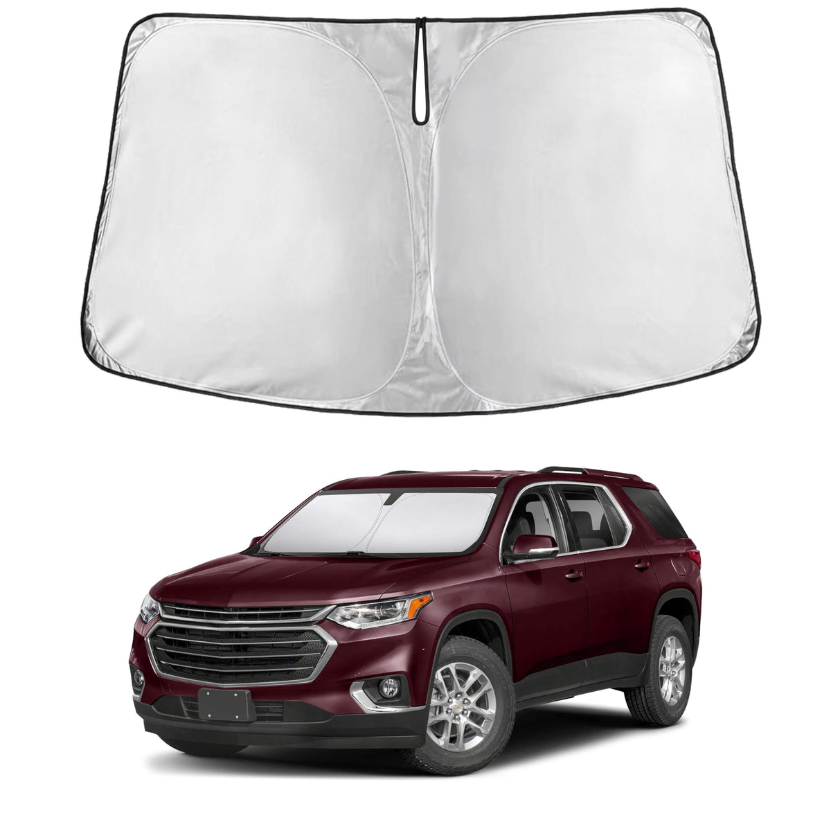 EcoNour front profile sunshade fitted in Traverse windshield showing full coverage benefit