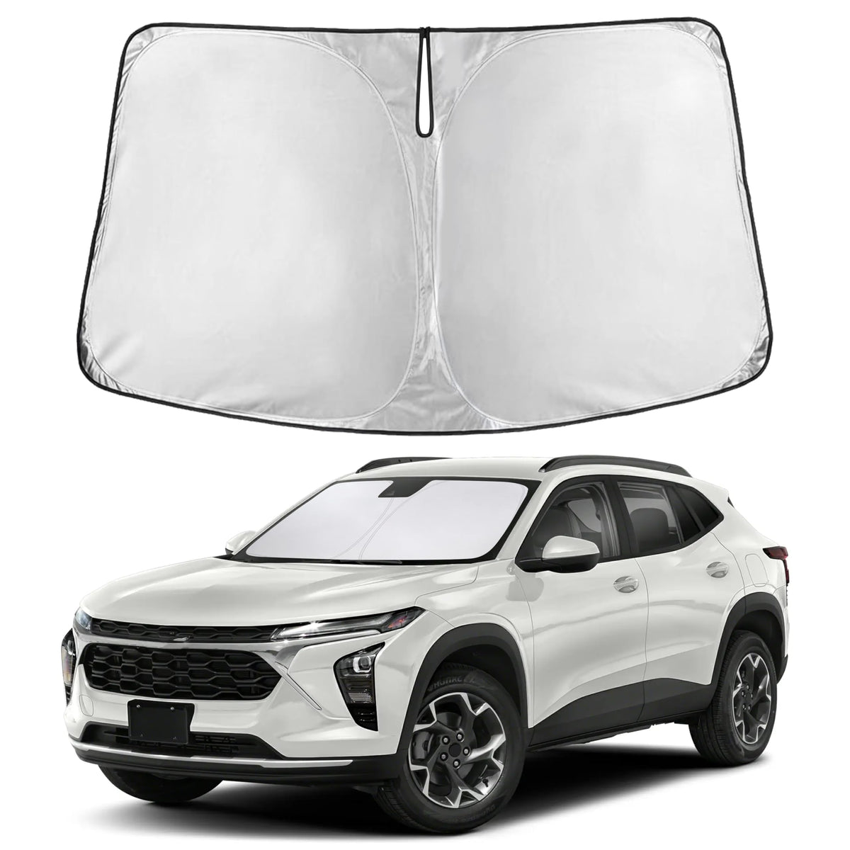 EcoNour front view sunshade showing exact Trax windshield fit and full coverage benefit