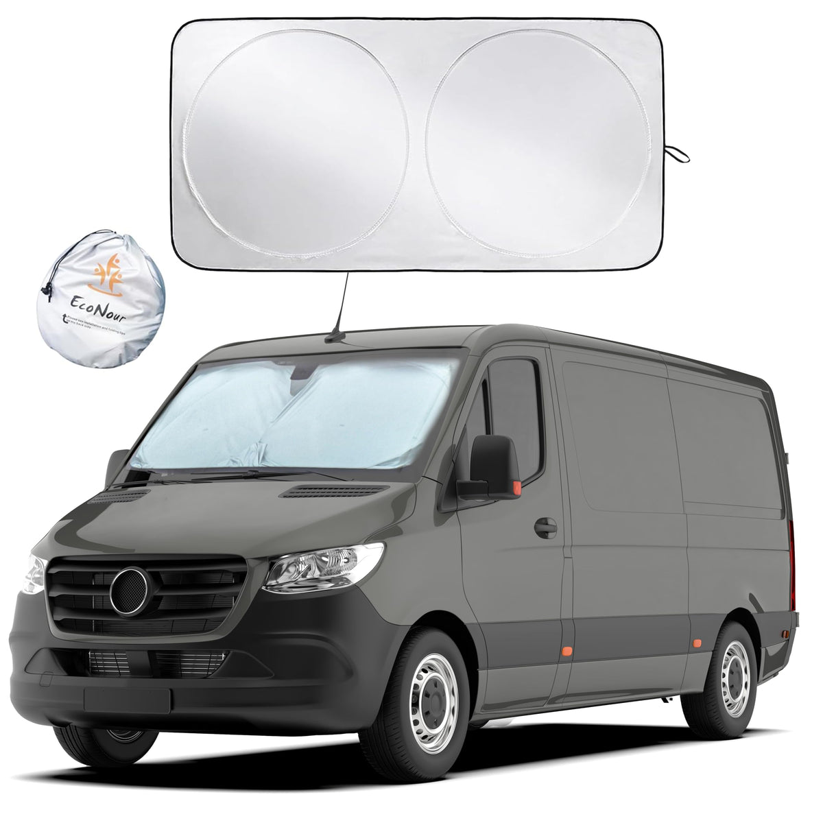EcoNour front view of reflective van windshield shade showing full coverage and cooling benefit