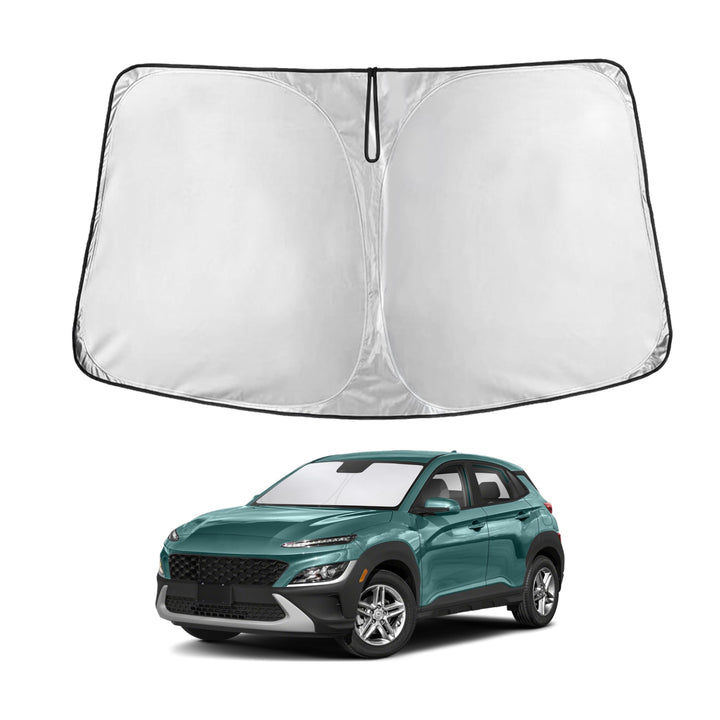 EcoNour front-fit sunshade covering Hyundai Kona windshield, provides full protection