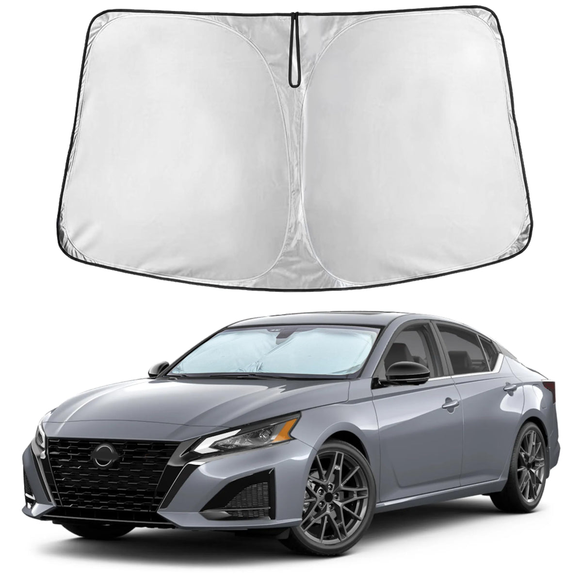 EcoNour front-fit sunshade showing full windshield coverage and interior protection